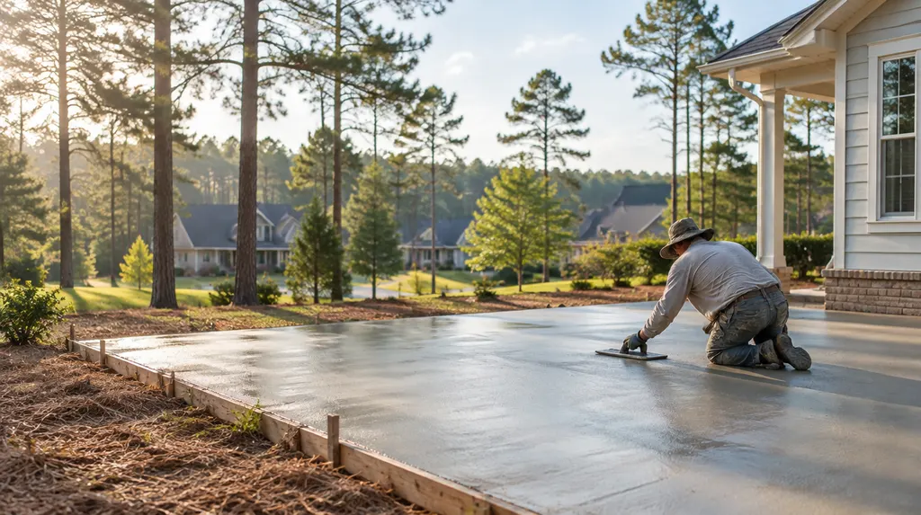 A finisher troweling a fresh patio slab in St. Andrews, SC