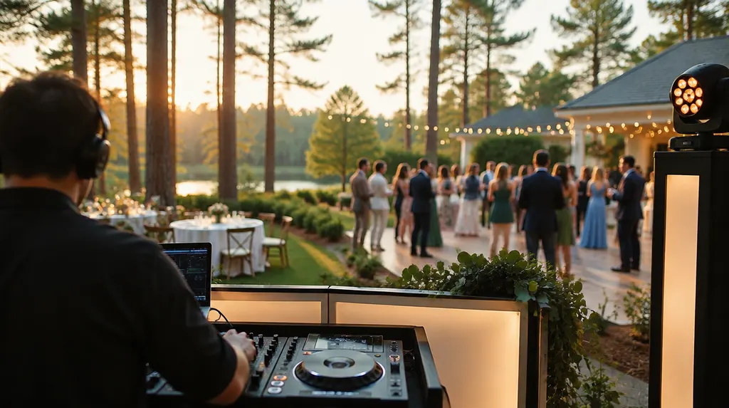 A DJ booth with lights at a wedding reception in St. Andrews, SC