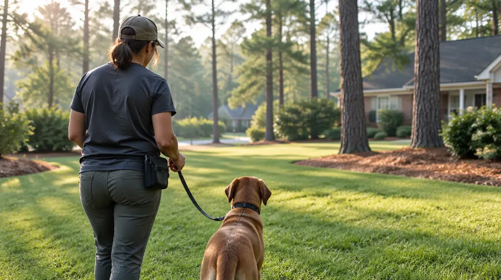 A trainer working with a dog on a leash in a yard in St. Andrews, SC