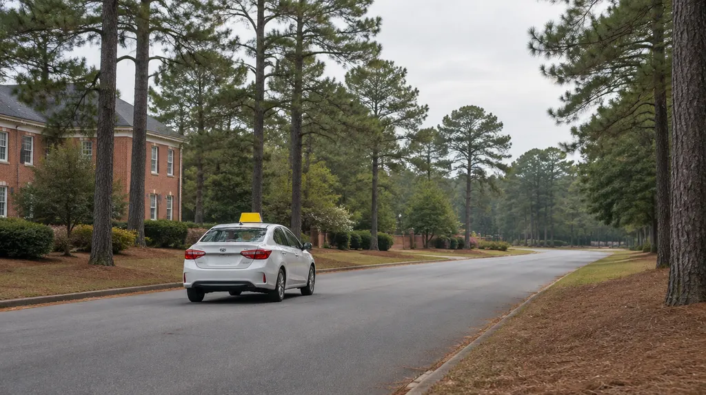 A student driver car on a quiet road in St. Andrews, SC