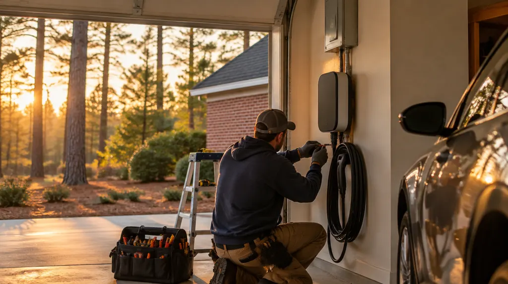 An electrician installing an EV charger in a garage in St. Andrews, SC