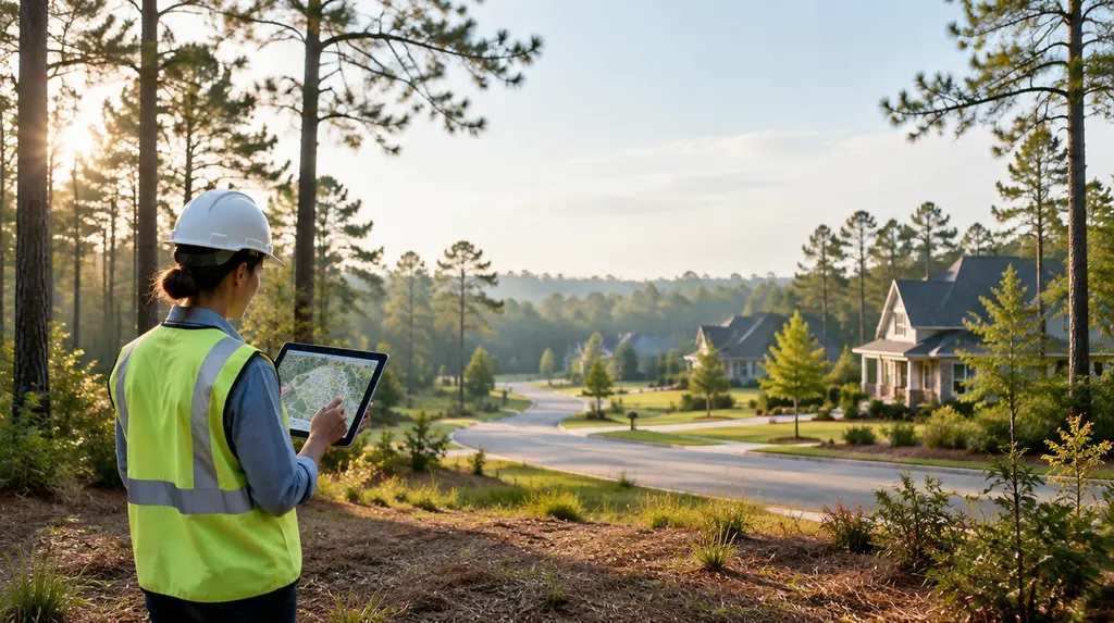 An engineer reviewing site plans on a tablet in St. Andrews, SC