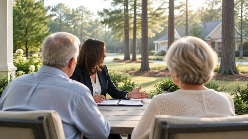 An estate planning attorney meeting an older couple in St. Andrews, SC