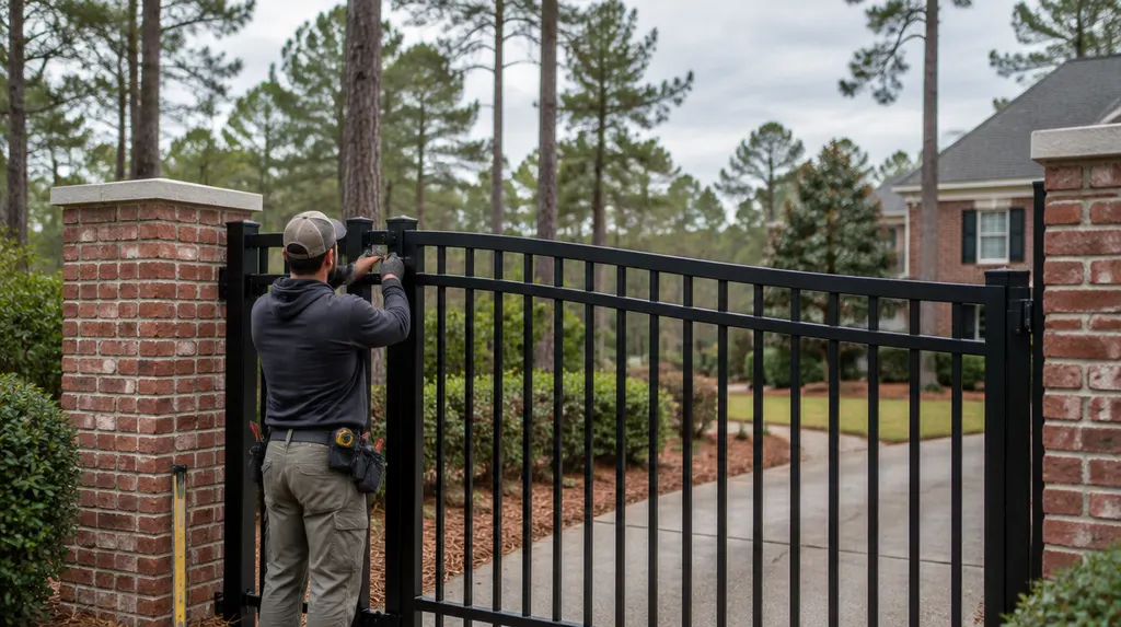 An installer hanging a black aluminum gate in St. Andrews, SC