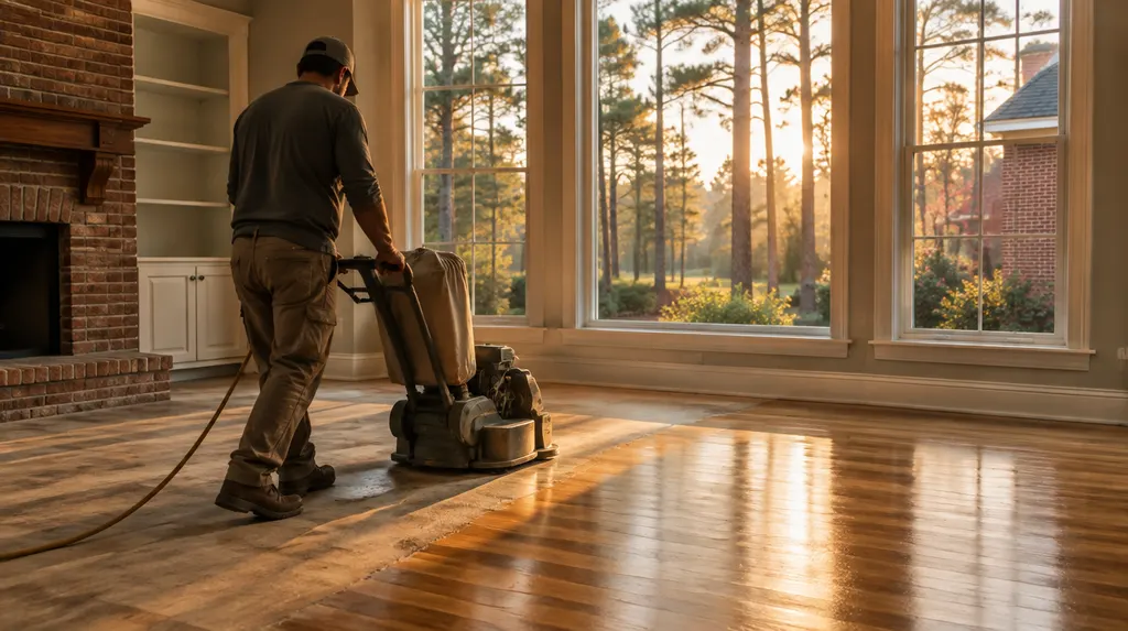 A craftsman refinishing a hardwood floor in St. Andrews, SC