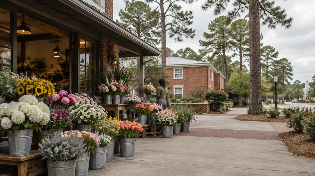 Buckets of fresh flowers in a shop in St. Andrews, SC