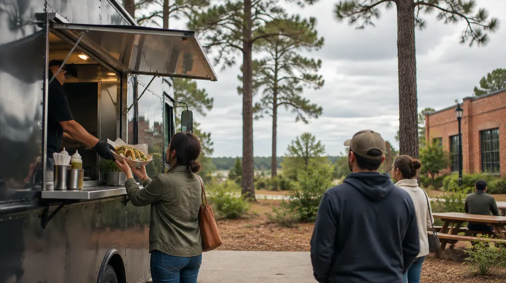 A food truck window with tacos being handed out in St. Andrews, SC