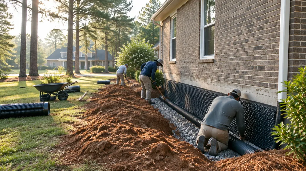 A crew installing drainage along a house foundation in St. Andrews, SC