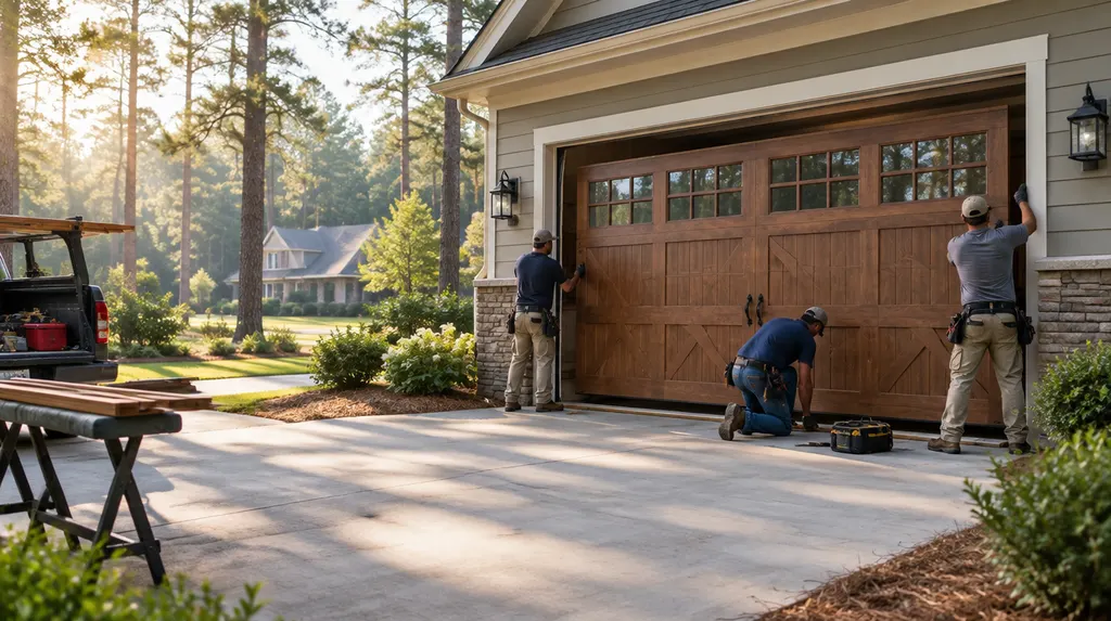 A crew installing a new carriage-style garage door in St. Andrews, SC