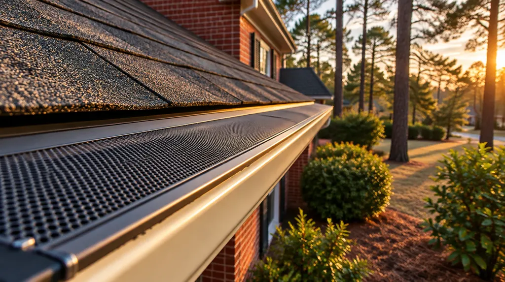 Close-up of new gutter guards on a roofline in St. Andrews, SC