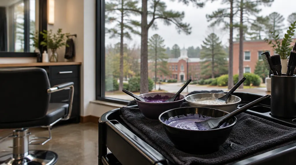 Hair color bowls and brushes on a salon station in St. Andrews, SC