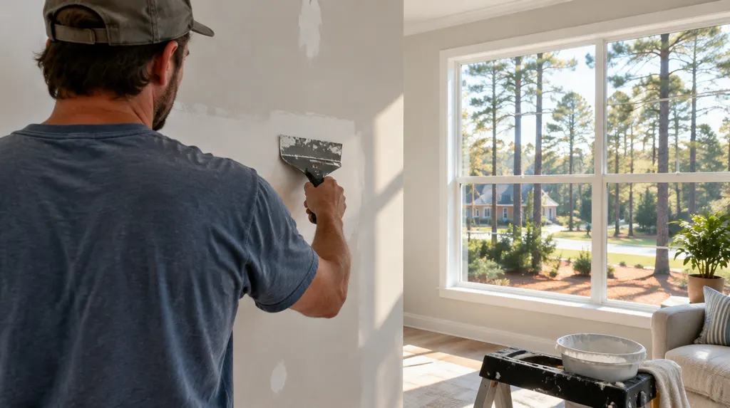 A handyman patching drywall in a bright room in St. Andrews, SC