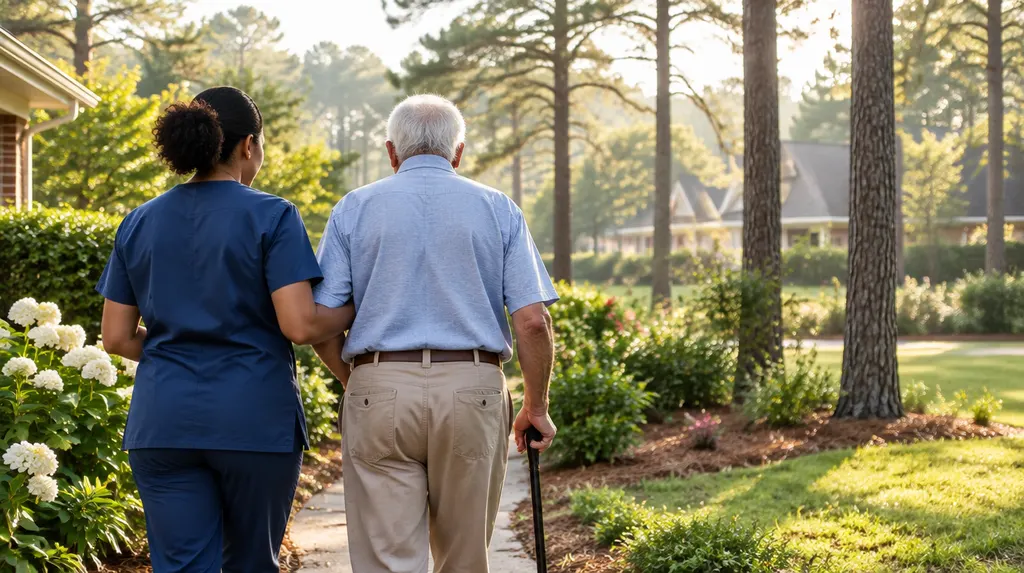 A caregiver helping an older man walk in a sunny garden in St. Andrews, SC