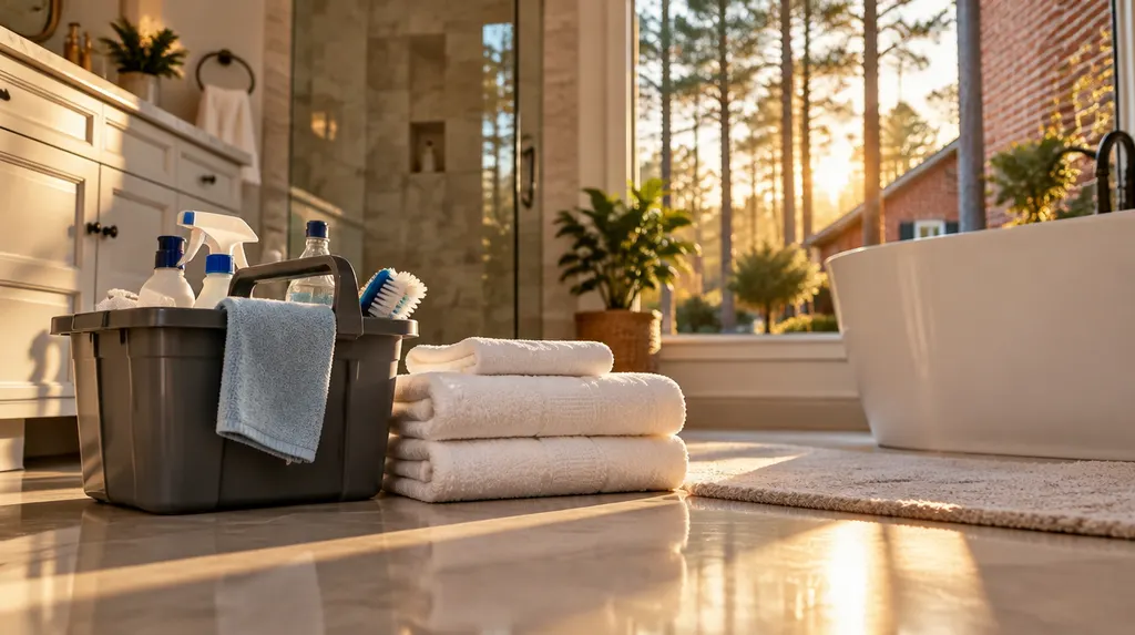 A cleaning caddy and fresh towels in a spotless bathroom in St. Andrews, SC