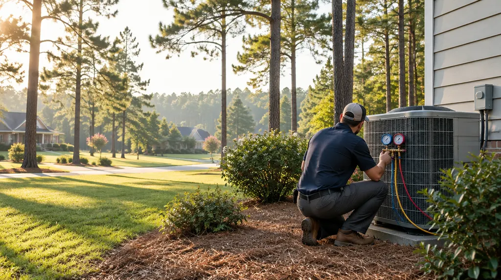 A technician checking a heat pump with gauges in St. Andrews, SC
