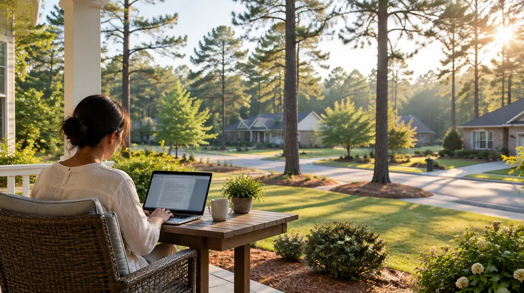 An agent reviewing a policy on a laptop in St. Andrews, SC