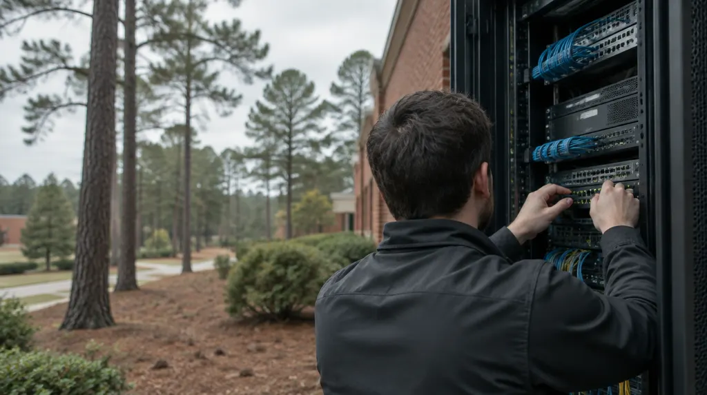 An IT technician working on a server rack in St. Andrews, SC