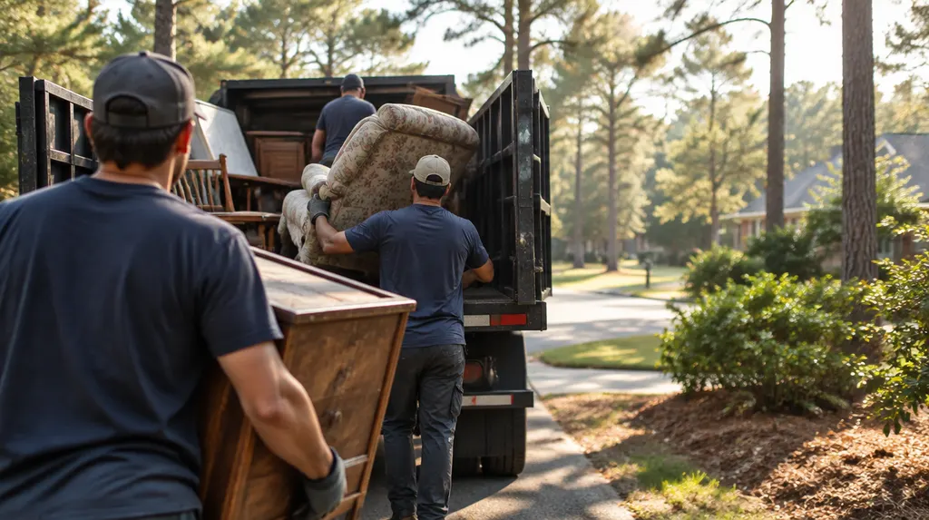 A crew loading old furniture into a junk removal truck in St. Andrews, SC
