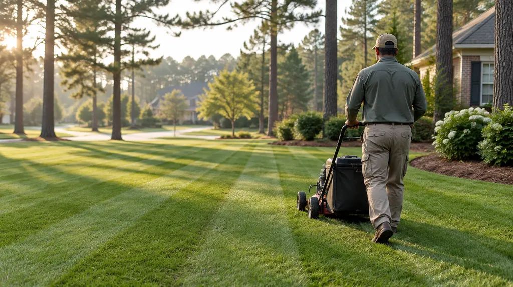 A landscaper mowing a striped green lawn in St. Andrews, SC