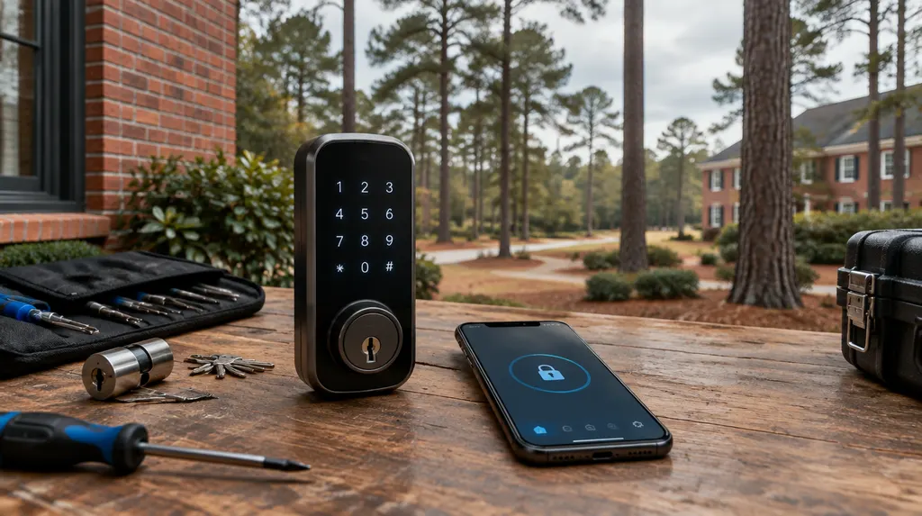 A sleek modern smart lock keypad and a phone app on a locksmith’s table in St. Andrews, SC