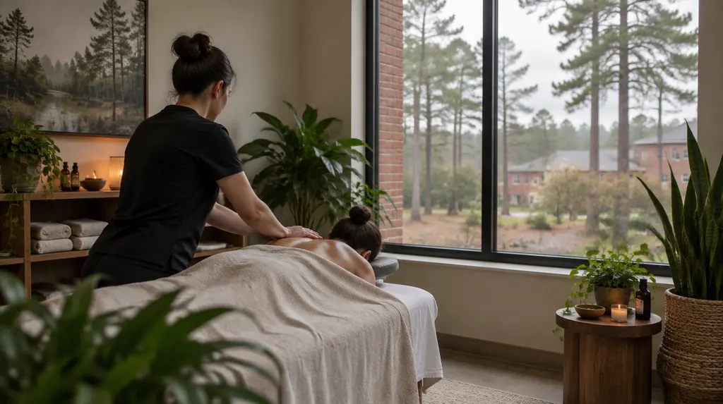 A massage studio with soft light and plants in St. Andrews, SC