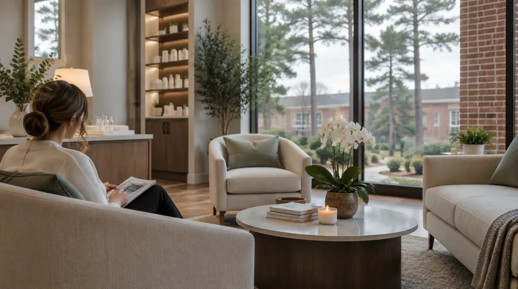 A serene med spa lounge with soft light in St. Andrews, SC