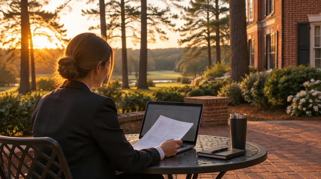 A broker reviewing documents on a laptop in St. Andrews, SC