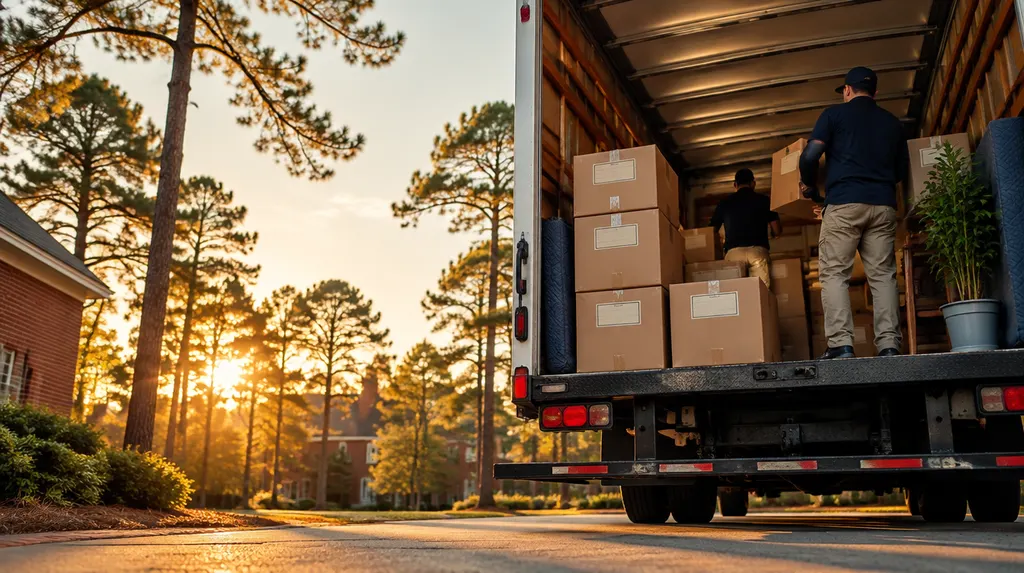 Neatly stacked labeled boxes in a moving truck in St. Andrews, SC