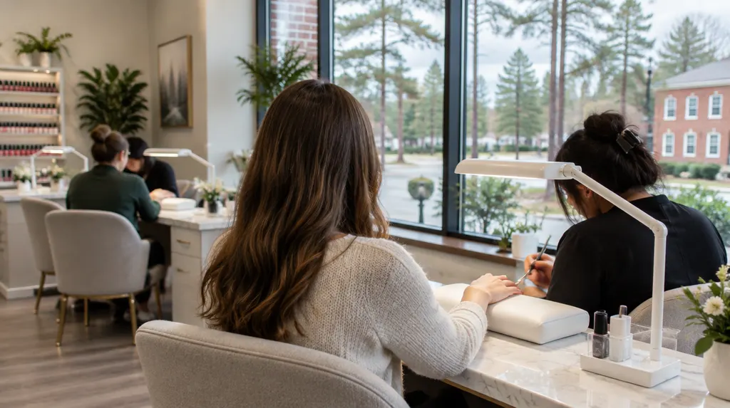A bright nail salon with manicure tables in St. Andrews, SC