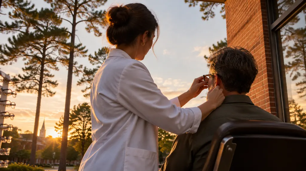 An optician adjusting glasses in St. Andrews, SC