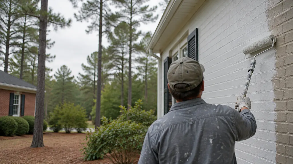 A painter rolling fresh paint on an exterior wall in St. Andrews, SC
