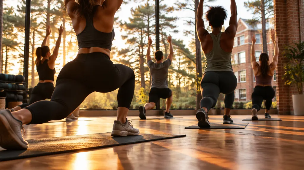 A group fitness class in a studio in St. Andrews, SC