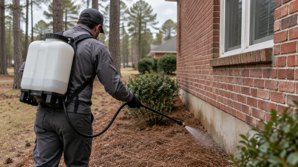 A pest control technician spraying the foundation of a house in St. Andrews, SC