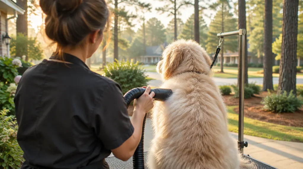 A groomer drying a fluffy dog in St. Andrews, SC