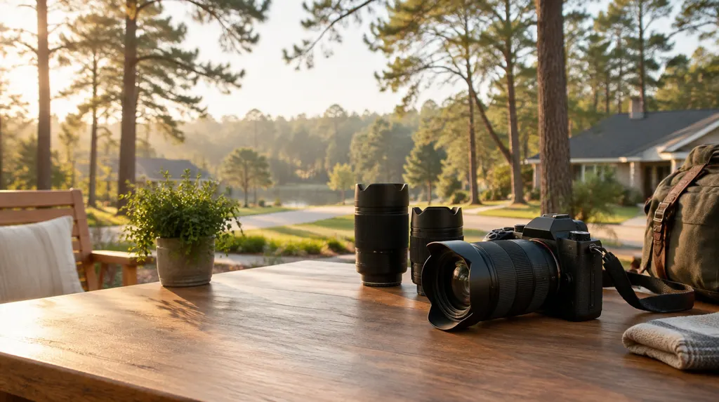 A camera and lenses on a studio table in St. Andrews, SC