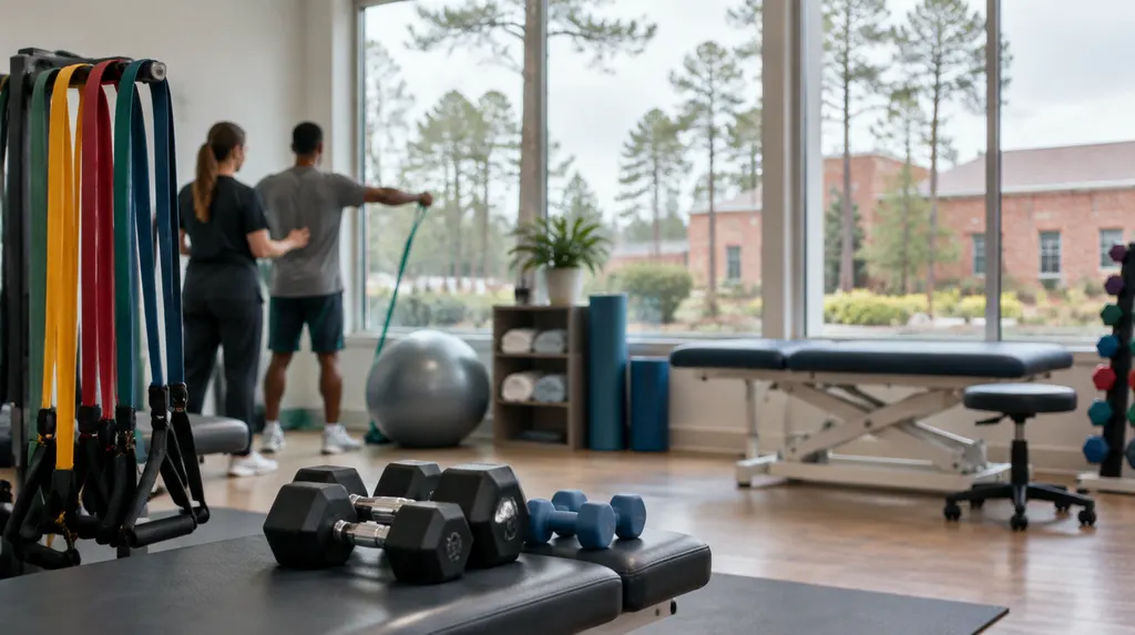 Resistance bands and weights in a bright clinic in St. Andrews, SC