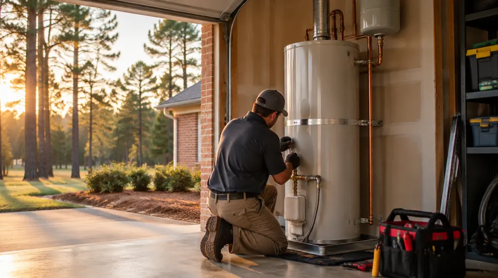 A plumber installing a tank water heater in a garage in St. Andrews, SC