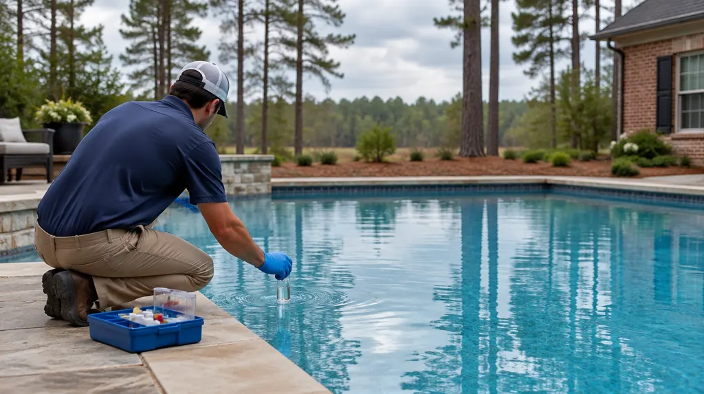 A clean blue pool with a technician testing the water in St. Andrews, SC