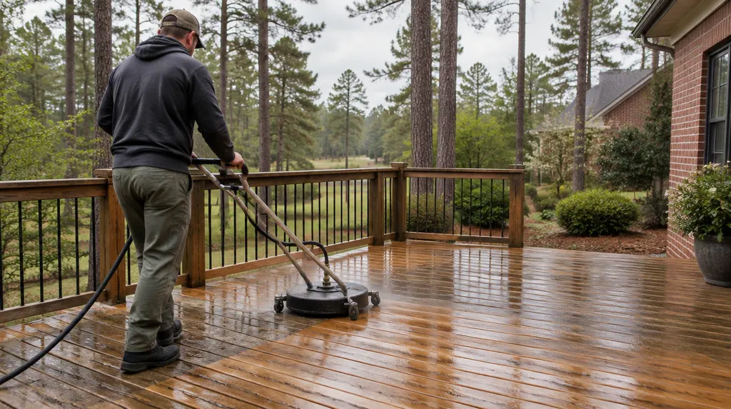 Cleaning a wooden deck with a surface cleaner in St. Andrews, SC
