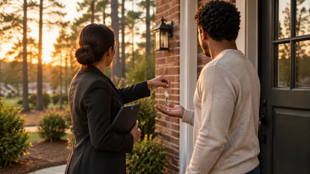 A manager handing keys to a tenant at a front door in St. Andrews, SC