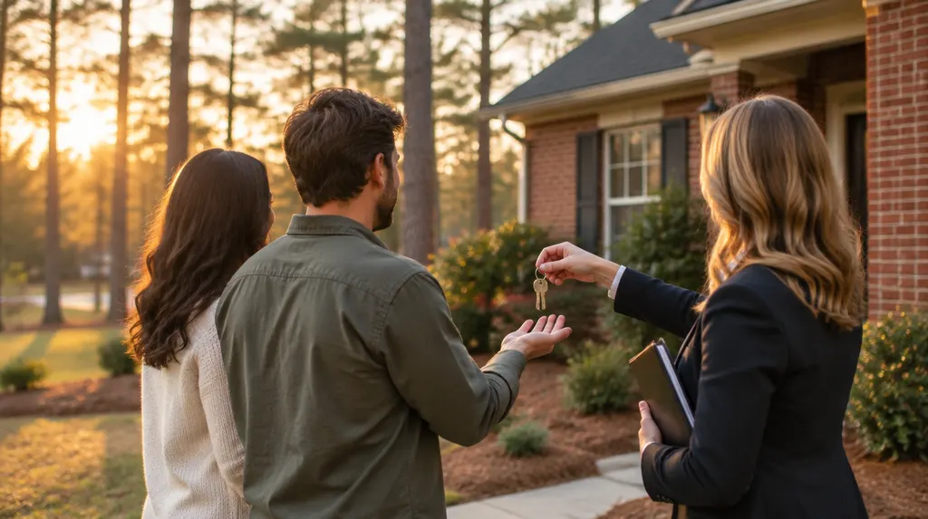 An agent handing keys to new homeowners outside a house in St. Andrews, SC