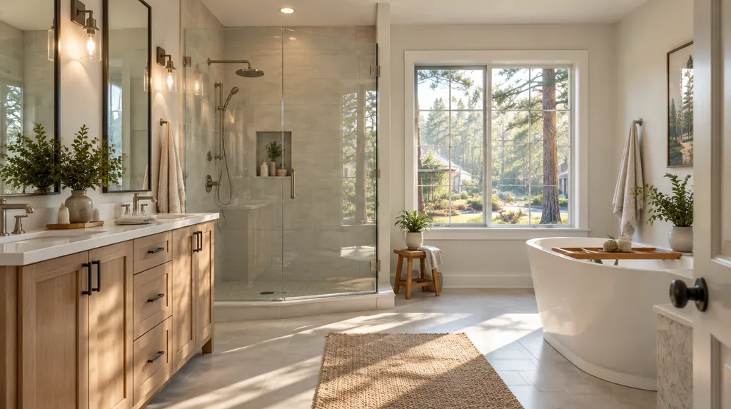 A finished modern bathroom remodel with a walk-in shower in St. Andrews, SC