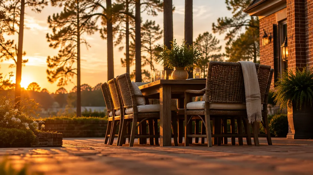 A patio dining area at golden hour in St. Andrews, SC