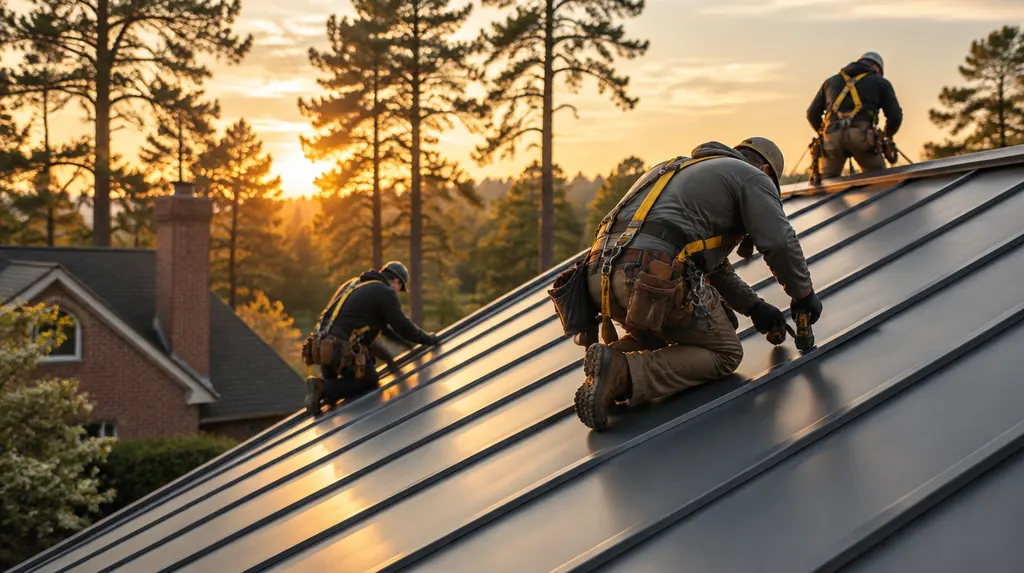A roofing crew installing a standing-seam metal roof in St. Andrews, SC