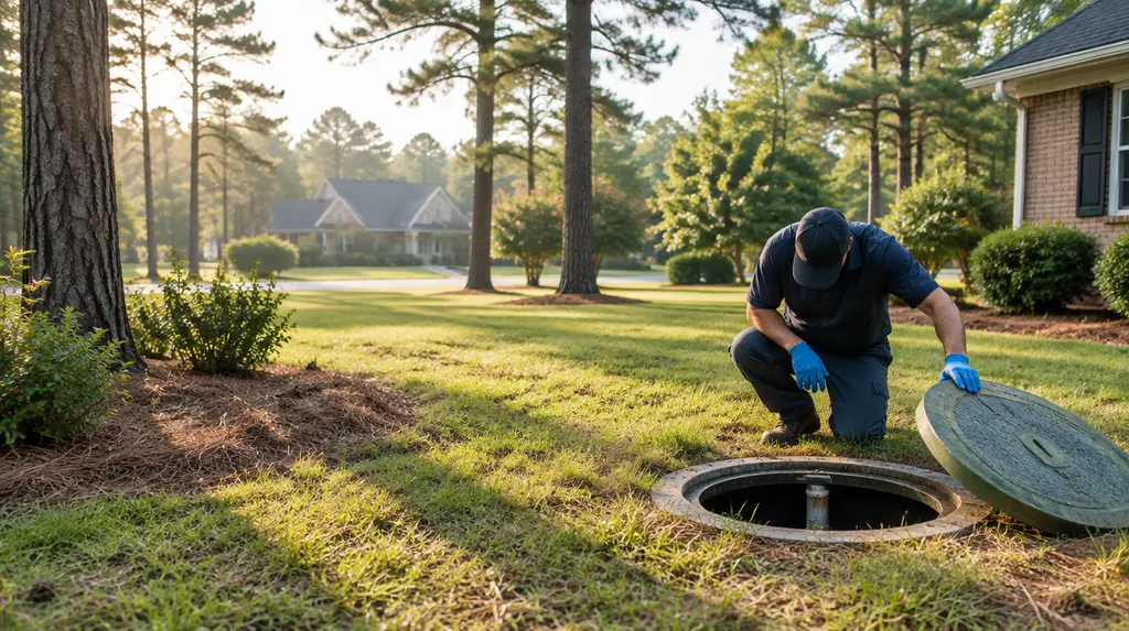 A technician inspecting an open septic tank lid in a yard in St. Andrews, SC