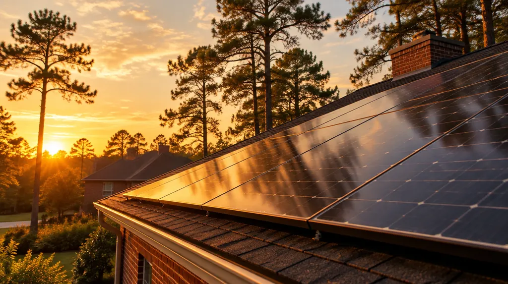 A roof of solar panels at golden hour in St. Andrews, SC