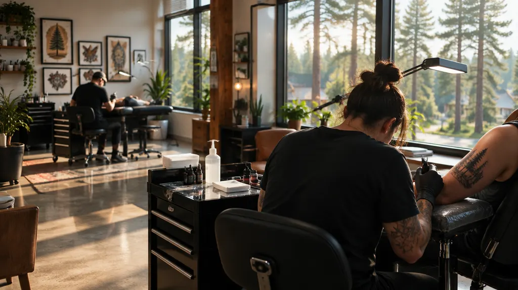 A clean modern tattoo studio with artist stations in St. Andrews, SC