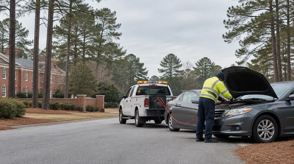 A roadside assistance worker jump-starting a car in St. Andrews, SC