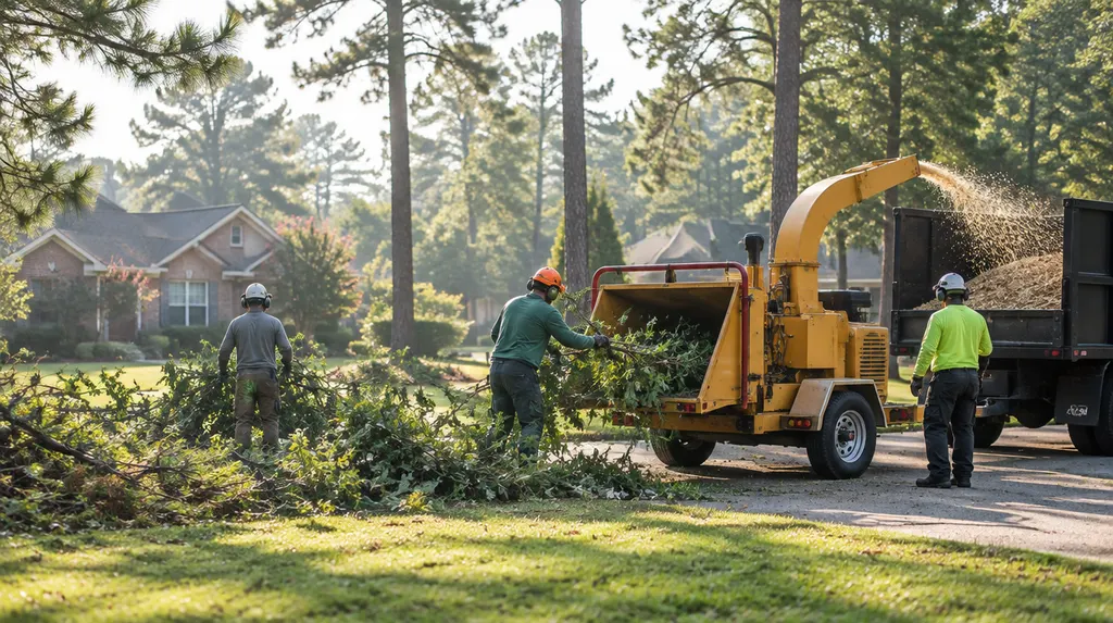A crew feeding branches into a wood chipper in St. Andrews, SC