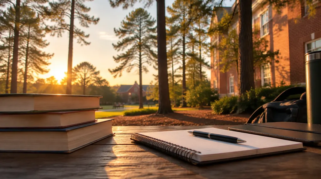 Books and notebooks on a study table in St. Andrews, SC